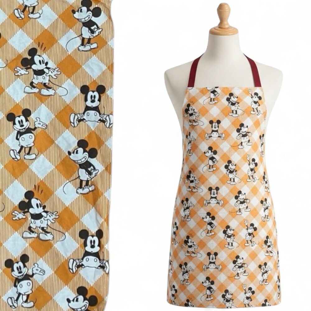 Disney Thanksgiving Apron Orange Fall‎ Mickey Mouse Plaid Holiday Kitchen